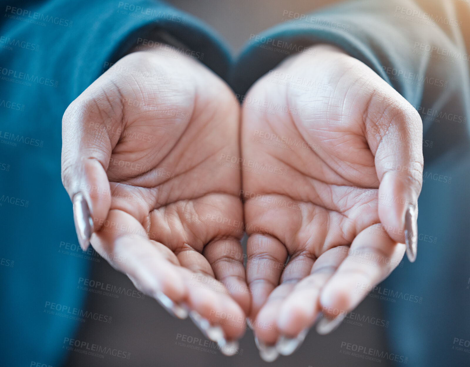 Buy stock photo Poverty, woman and hands to care for offer with help, charity and support from community by donations for hope. Poor, person and palms with asking gesture, thank you and prayer, gratitude and faith