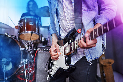 Buy stock photo Guitar, band and man hands at music festival show playing rock with electric instrument with lights. Sound, musician and party with live talent and audio for punk event with people at a concert