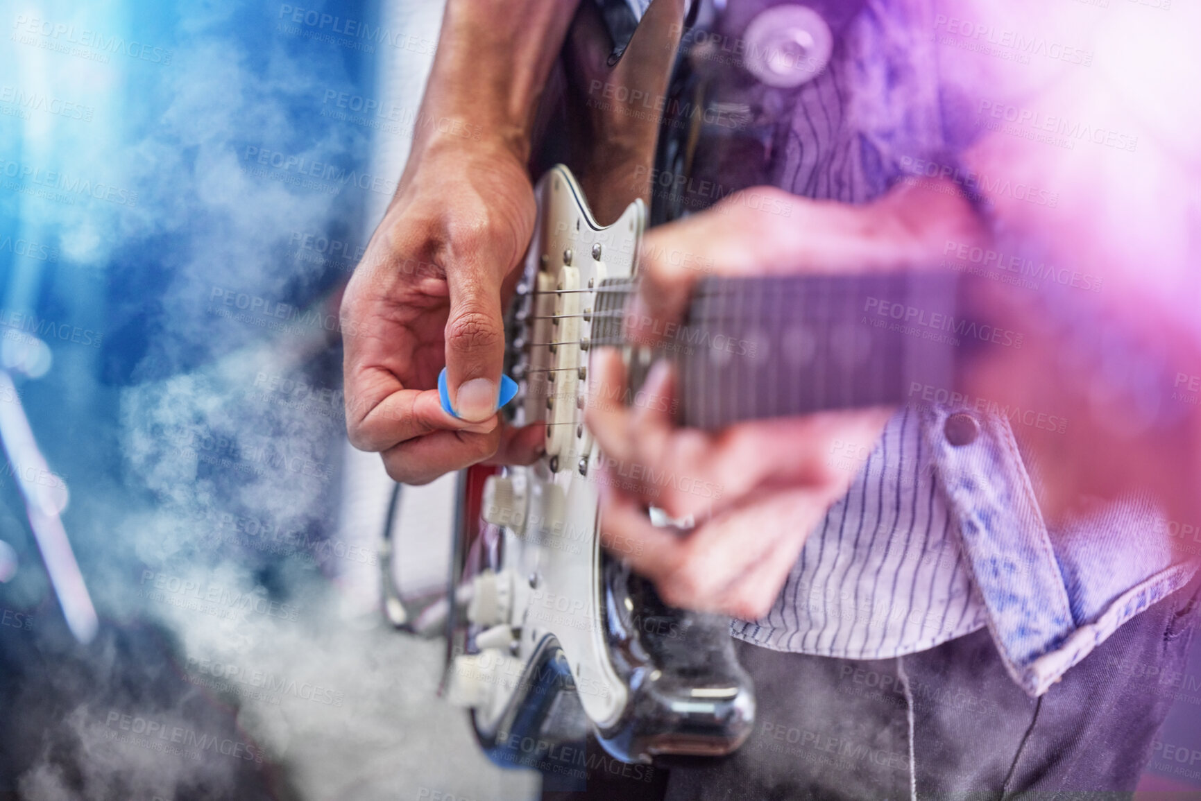 Buy stock photo Guitar, concert and hands of man at music festival, show and entertainment event with punk band. Musician, smoke and person with electric musical instrument four sound, audio and talent on stage