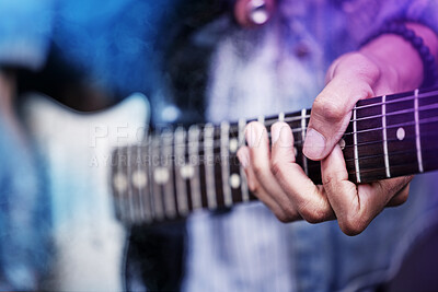 Buy stock photo Man, guitar and hands for music performance, practice and talent rehearsal on acoustic instrument. Male person, recording studio and learning song or notes, artist and create melody or entertainment