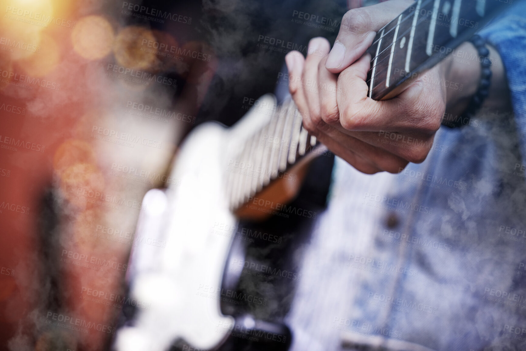 Buy stock photo Guitar, rock and man hands at music festival show playing band with electric instrument with lights. Sound, musician and party with live talent and audio for punk event with people at a concert