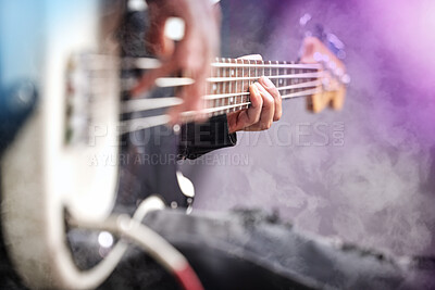 Buy stock photo Guitar, smoke and man hands at music festival show playing rock with electric instrument with mockup. Sound, musician and party with live talent and audio for punk event with people at a concert