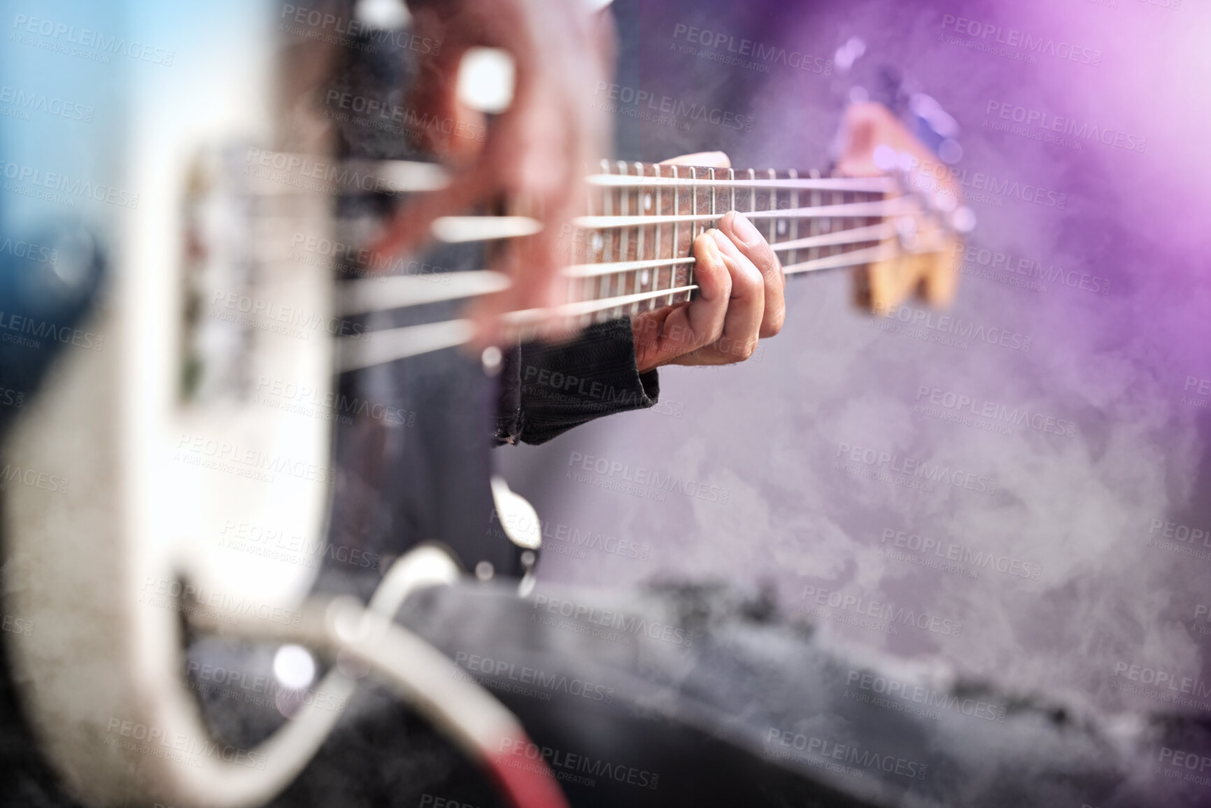 Buy stock photo Guitar, smoke and man hands at music festival show playing rock with electric instrument with mockup. Sound, musician and party with live talent and audio for punk event with people at a concert