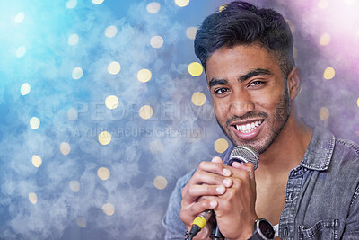 Buy stock photo Man, portrait and singer on stage, entertainment and performance at music festival or party. Concert, male person and creative talent for event, microphone and nightclub for practice or rehearsal