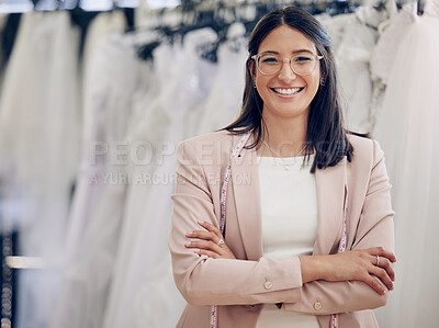 Buy stock photo Arms crossed, fashion and designer with portrait of woman in bridal store for wedding dress, creative and boutique. Small business, retail and tailor with female employee for clothes and workshop