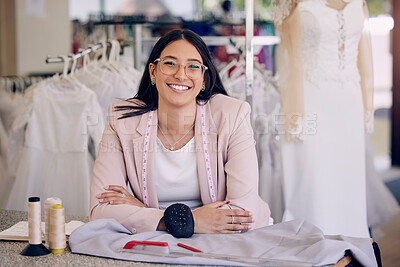 Buy stock photo Happy, woman and designer or tailor in portrait for business of creative ideas or design for wedding dresses. Confident, seamstress and fashion industry with fabric or product for bridal boutique