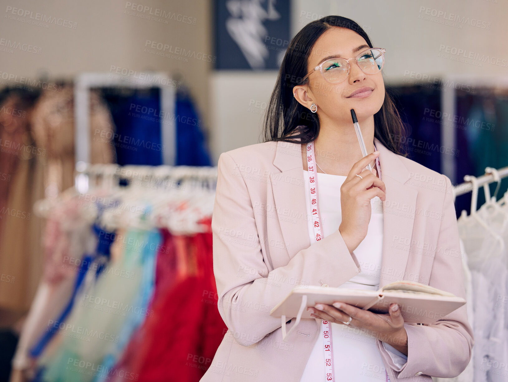 Buy stock photo Thinking, woman or fashion designer with notebook for idea in clothes store, dream or brainstorming at retail startup. Book, tailor or creative worker planning at boutique for inspiration or decision