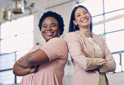 Buy stock photo Woman, teamwork and arms crossed happy in office, startup and united for creative agency or career or designers. Professional, diversity and partnership for business people, empowerment or support