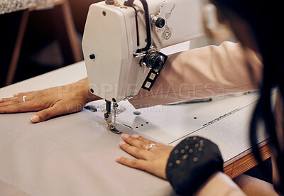 Buy stock photo Fashion, designer and clothes for sewing with machine for creative ideas or design for wedding dresses in workshop. Seamstress, handmade and retail industry with fabric or product for bridal boutique