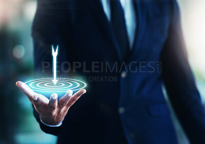 Buy stock photo Cropped shot of an unrecognisable businessman standing alone in the office and achieving a target