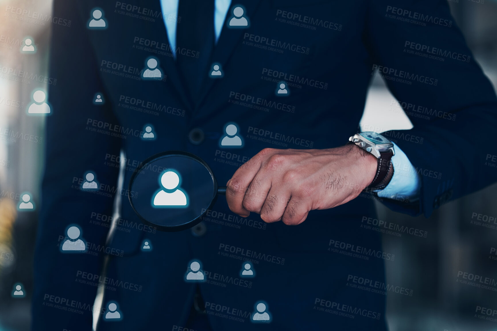 Buy stock photo Hand, hologram and business person with network search in office for collaboration, teamwork or support. Arm, watch and corporate people icon with magnifying glass for contact and appointment