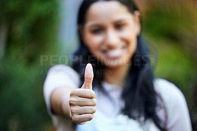 Buy stock photo Hand, woman with thumbs up and agreement for success or support, feedback or review with deal outdoor. Praise, pride and excellence with promotion, yes or like emoji with OK, vote and subscribe