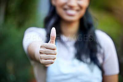 Buy stock photo Hand, woman with thumbs up and agreement for support or success, feedback or review with deal outdoor. Praise, pride and excellence with promotion, yes or like emoji with OK, vote and subscribe