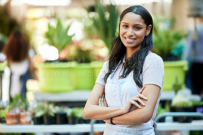 Buy stock photo Smile, arms crossed and portrait of woman in garden or nursery as a business owner or employee. Spring, plant expert and a worker at an ecology shop in a park with mockup space for retail or service
