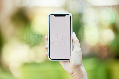 Buy stock photo Hand, mockup on screen and phone with person outdoor in garden for summer communication or network. App, contact  and display space on mobile for advertising, marketing or text message in green park