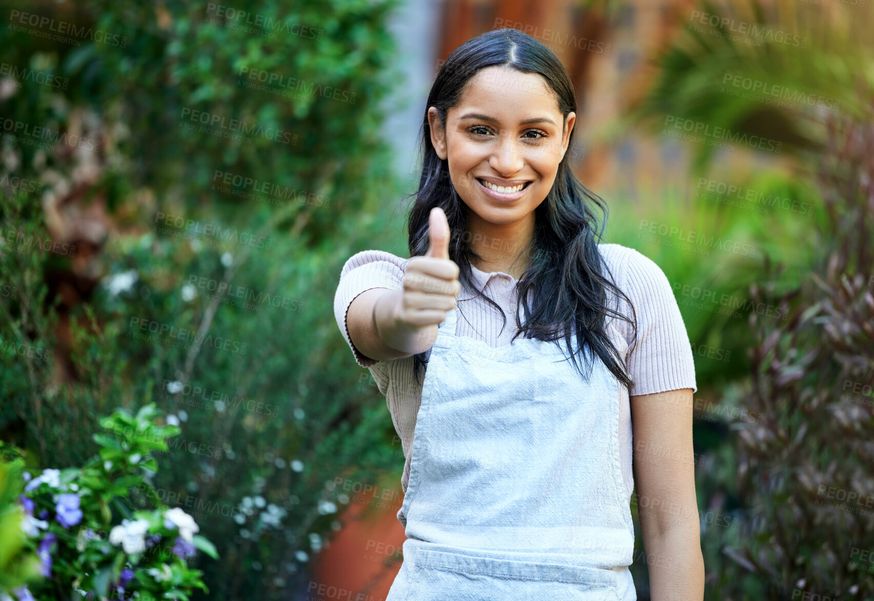 Buy stock photo Florist, woman and plants in botany, thumbs up and garden in eco friendly for greenhouse, ecology and agriculture. Female person, smile and green for zen in shop, design or nursery for sustainability