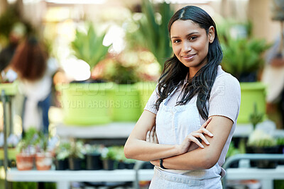 Buy stock photo Happy, pride and portrait of a woman in a garden or nursery as a business owner or employee. Smile, plant expert and a worker at an ecology shop in a park with mockup space for retail or service