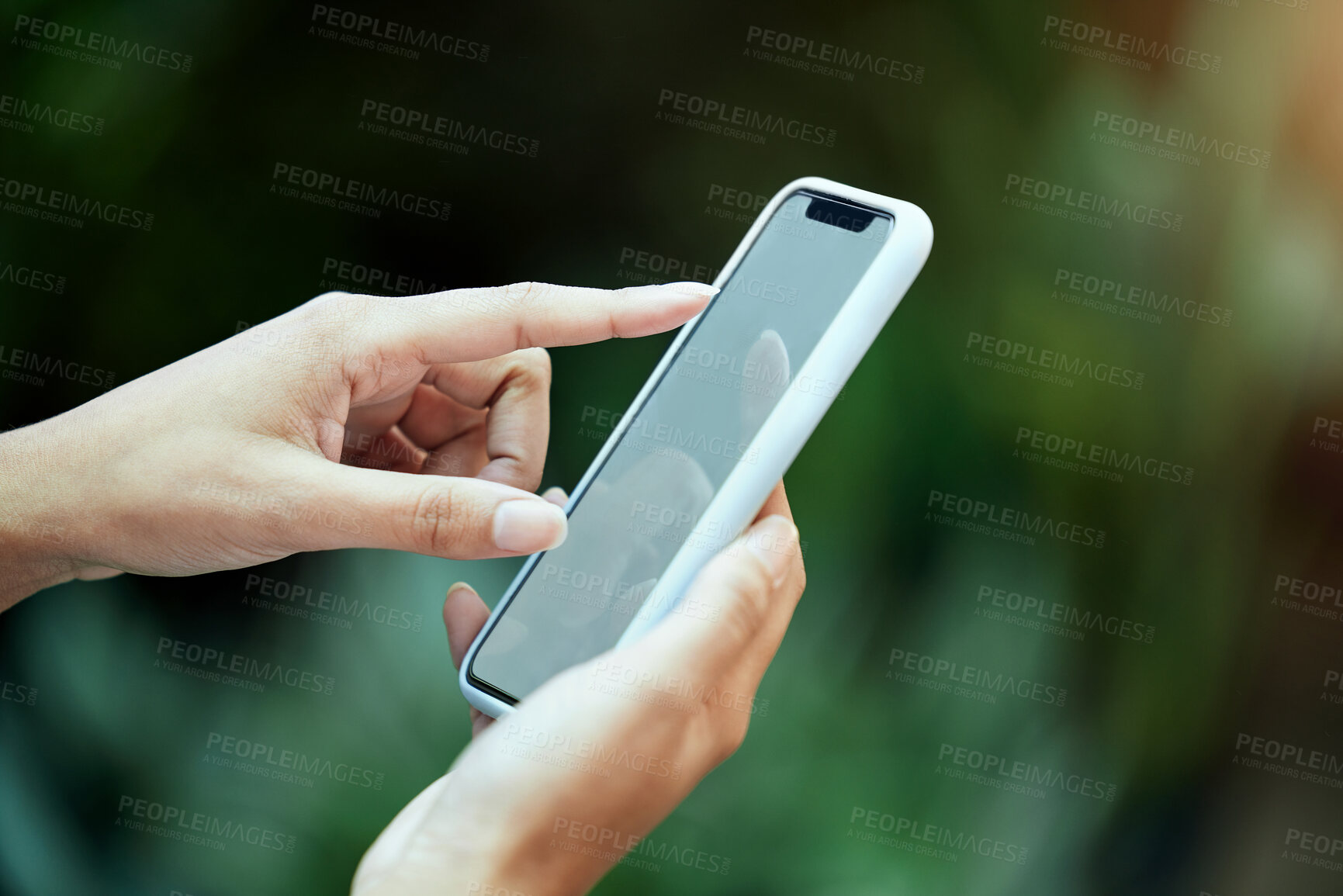 Buy stock photo Mockup, smartphone and hand of person in park for social media, communication or browsing internet. Online, scrolling and closeup of woman on mobile phone for promotion, copy space or branding