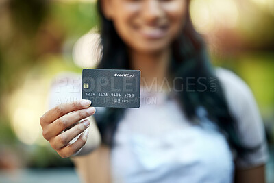Buy stock photo Woman, outdoor and credit card for payment, shopping or banking with transaction, finance and client. Closeup, female person and customer with ecommerce, investment and savings with discount and deal
