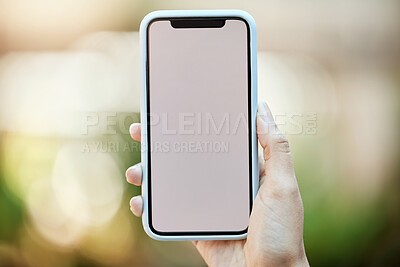 Buy stock photo Hand, mockup on display and phone with person outdoor in garden for summer communication or network. App, contact  and screen space on mobile for advertising, marketing or text message in green park