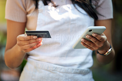 Buy stock photo Woman hands, credit card and business owner phone with ecommerce, online shopping and digital payment. Outdoor, banking app and female employee hand with mobile connectivity on web for purchase