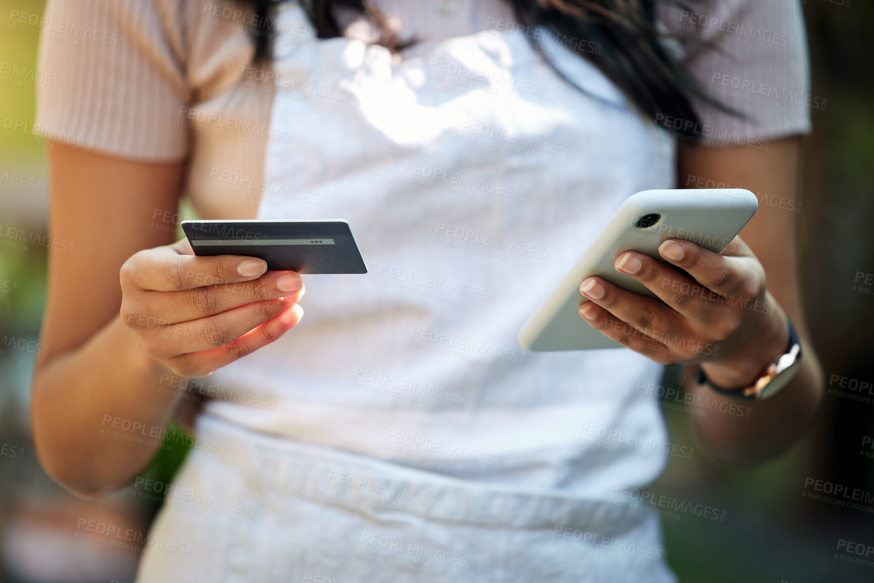 Buy stock photo Woman hands, credit card and business owner phone with ecommerce, online shopping and digital payment. Outdoor, banking app and female employee hand with mobile connectivity on web for purchase