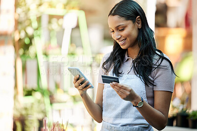 Buy stock photo Woman, credit card and business owner with ecommerce, online shopping and digital payment. Outdoor, banking app and female employee with a smile with mobile connectivity on web for purchase at cafe
