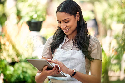 Buy stock photo Waitress, restaurant app and woman online on tablet for food service, inventory and check menu. Fine dining, small business and happy employee, barista or manager on digital tech for cafe website