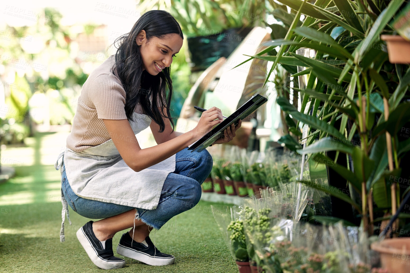 Buy stock photo Checklist, inventory and gardening with woman in nursery for small business startup or stock take. Flowers, paper or plants and happy florist in garden with documents for growth or sustainability