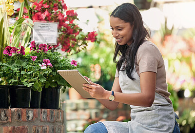 Buy stock photo Documents, inventory and writing with woman in garden for small business startup or stock take. Clipboard, flowers or plant nursery and happy florist with checklist for growth or sustainability