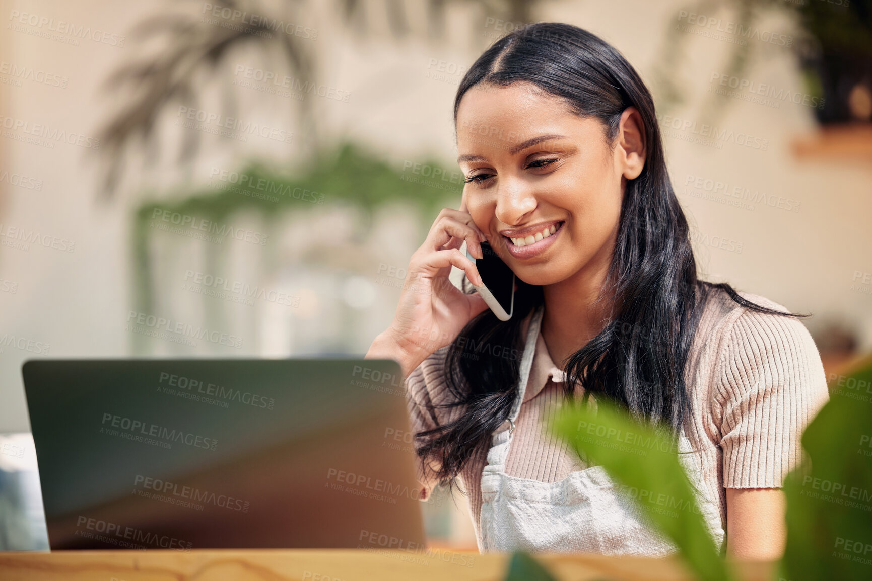 Buy stock photo Phone call, laptop and woman for communication, order and office with mobile and conversation. Smile, talking and computer for female person, creative or professional for florist and online retail 