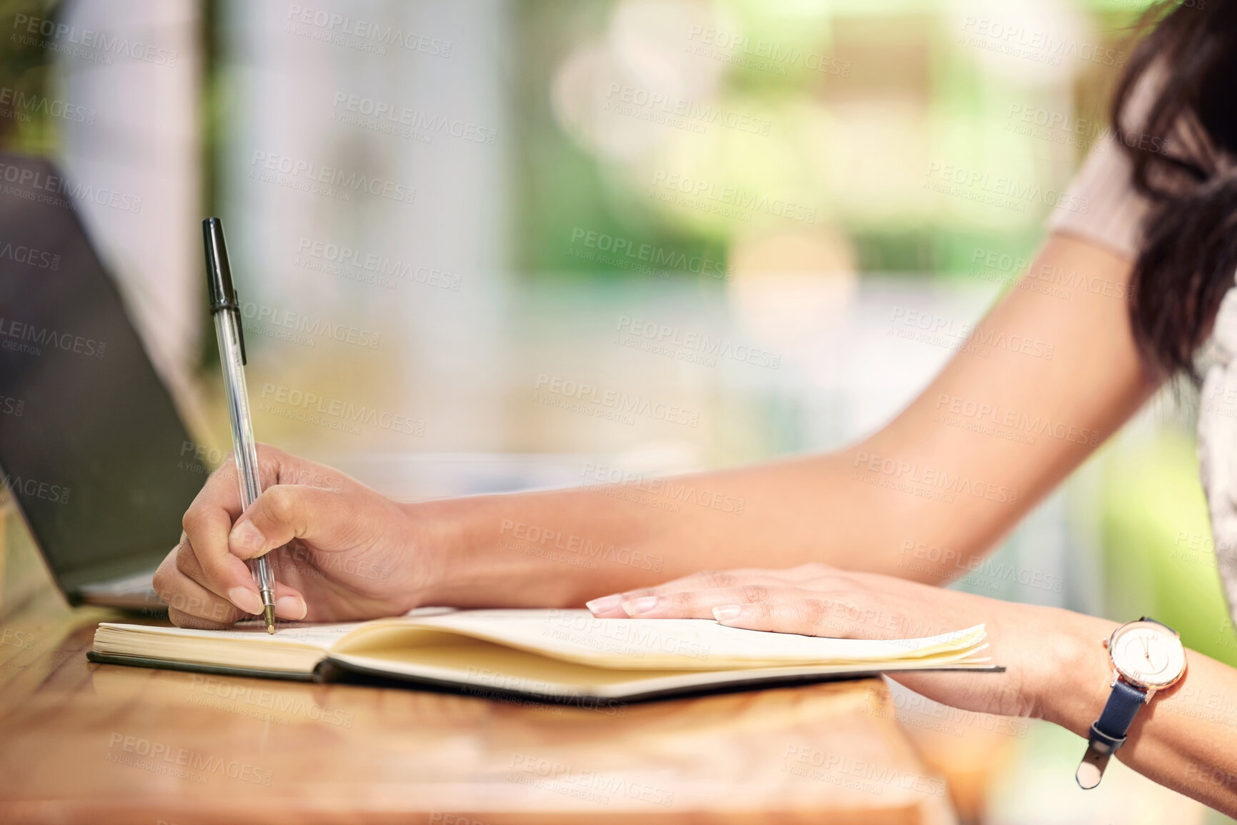 Buy stock photo Hands, writing and person with notebook for inventory, stocktake or order products in office. Small business, entrepreneur and florist with pen at nursery for planning, checklist or price list