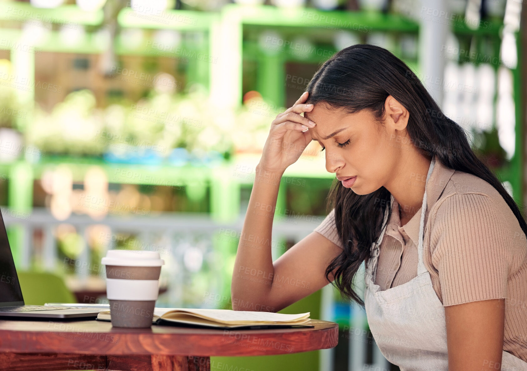 Buy stock photo Woman, working and stress for florist business, startup and organic or botanical and eco friendly career with burnout. Frustrated, flower and plant nursery with employee, headache and mental health