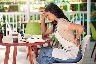 Buy stock photo Woman with back pain, laptop in cafe and stress burnout with anxiety and overwhelmed at table. Mental health, sustainable business owner and computer with worry, injury and debt in outdoor restaurant