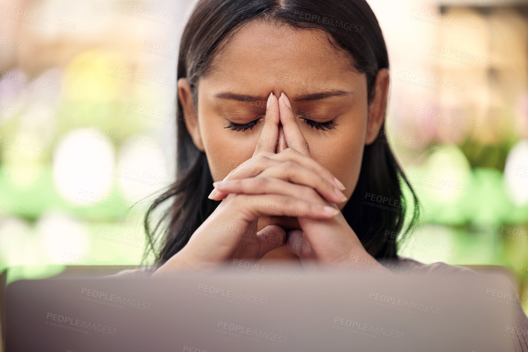 Buy stock photo Stress headache, garden and woman at laptop, exhausted and overwhelmed with workload burnout. Frustrated, overworked and tired employee with hands in face and anxiety from deadline pressure crisis.