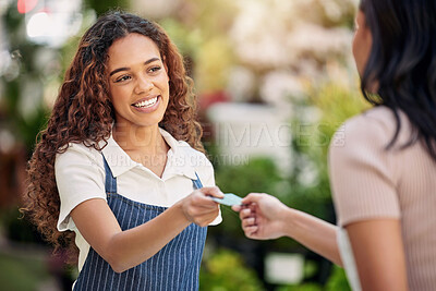 Buy stock photo Woman waiter, credit card and payment at a coffee shop with barista and smile outdoor. Purchase, working and shopping with customer service and a female retail worker with happiness from cafe pay
