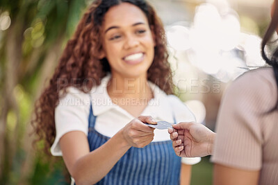 Buy stock photo Woman waiter, hands and credit card payment at a coffee shop with barista and smile outdoor. Purchase, working and shopping with customer service and female retail worker with happiness from cafe 
