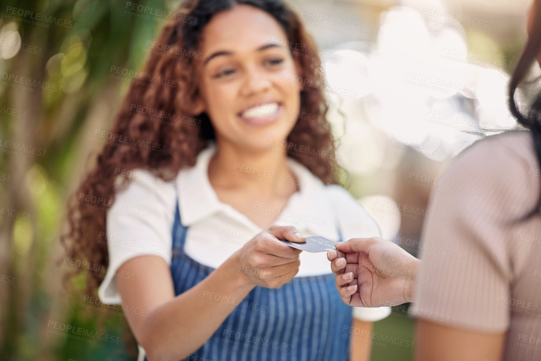 Buy stock photo Woman waiter, hands and credit card payment at a coffee shop with barista and smile outdoor. Purchase, working and shopping with customer service and female retail worker with happiness from cafe 