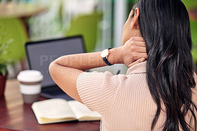 Buy stock photo Business woman, neck pain and laptop at cafe with injury in stress, strain or anxiety at restaurant. Rear view of female person or freelancer with sore spine, tension or muscle ache at coffee shop