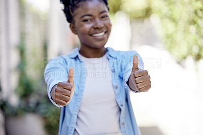 Buy stock photo University student, thumbs up and portrait in the park, street or agreement for education, motivation and happy. Hands, sign and excited woman in urban town, walking to class building and college