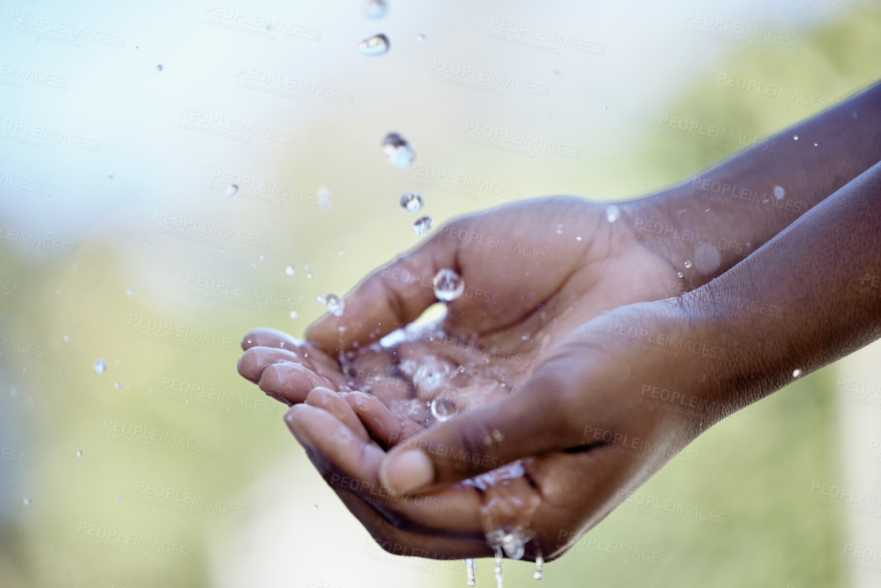 Buy stock photo Hands, splash and person with water in nature for bacteria washing, hydration or body hygiene. Wellness, organic and outdoor health in aqua to wash or clean to prevent germs, dirt or dust outside