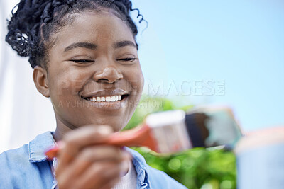 Buy stock photo Black woman, happy or painter for house project, business or woodwork for renovation, design and building or labor. Contractor, construction or tools on table, maintenance and repair with worker