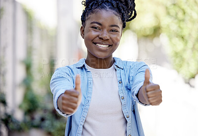 Buy stock photo University student, thumbs up and portrait in the park, street or agreement for education, motivation and happy. Hands, sign and excited woman in urban town, walking to class building and college