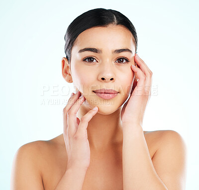 Buy stock photo Face, beauty skincare and woman in studio isolated on a white background. Portrait, natural aesthetic and confident female model with cosmetics for spa facial treatment, healthy skin and wellness.