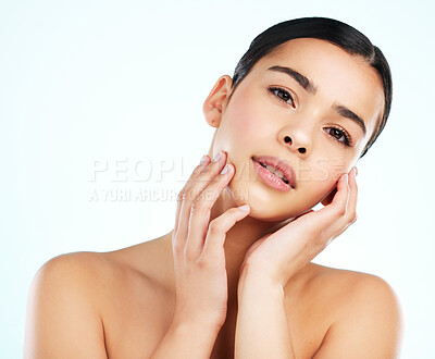 Buy stock photo Face, beauty skincare and serious woman in studio isolated on a white background. Portrait, natural aesthetic and female model with cosmetics for spa facial treatment, healthy skin and wellness.
