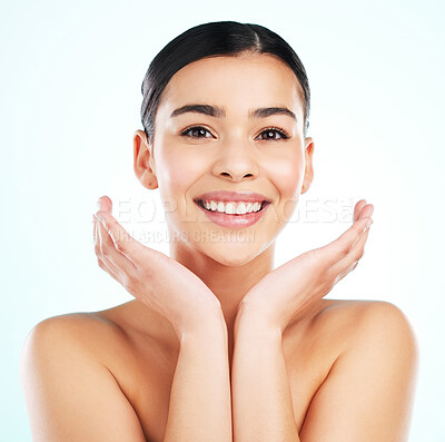 Buy stock photo Face, beauty skincare and happy woman in studio isolated on a white background. Portrait, natural aesthetic and female model with makeup, cosmetics and facial treatment, healthy skin and wellness.