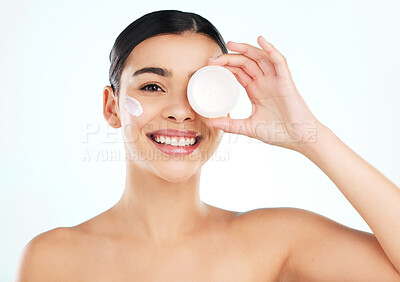 Buy stock photo Skincare, face and woman with cream container in studio isolated on a white background. Portrait, dermatology creme or happy female model with beauty cosmetics, lotion or moisturizer for healthy skin