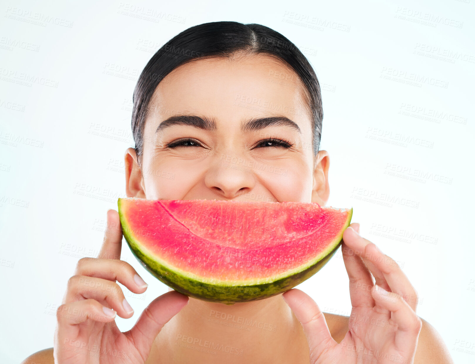 Buy stock photo Woman, portrait and watermelon for skincare smile in studio, organic beauty and white background. Female person, eco friendly cosmetics and detox for clear skin, antioxidants and sustainable makeup