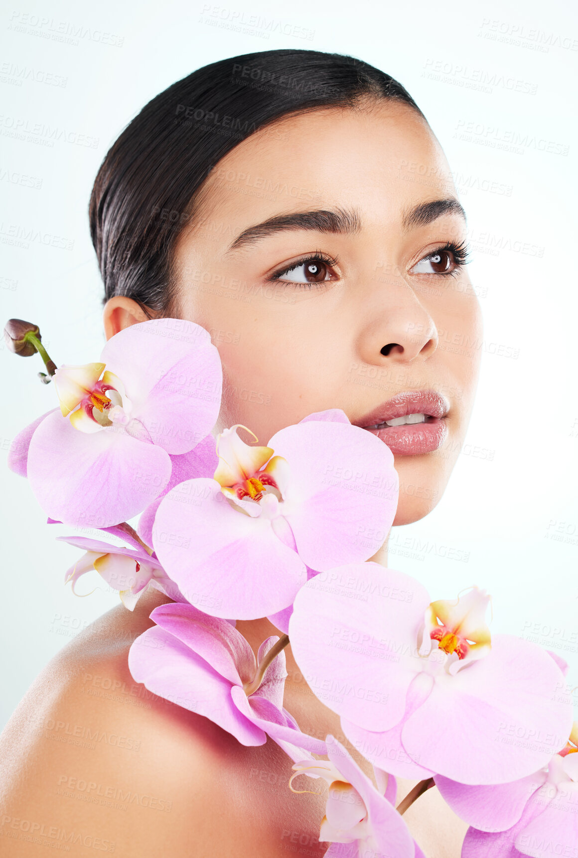 Buy stock photo Pink orchid, thinking and woman with beauty, skincare and organic treatment isolated on white studio background. Person, model or girl with plant, flower or natural cosmetics with dermatology or idea