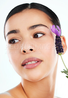 Buy stock photo Lavender, thinking and woman with beauty, skincare and organic treatment isolated on white studio background. Person, model or girl with shine, flower or natural cosmetics with dermatology or glow